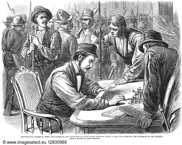 GREAT RAILROAD STRIKE  1877. Robert M. Ammon  the leader of the Pittsburgh and Fort Wayne railroad strike  at his post  directing the movements of the strikers  July 1877. Contemporary American wood engraving.