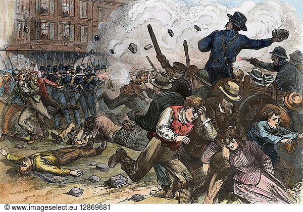 GREAT RAILROAD STRIKE  1877. The Sixth Maryland miltia firing into a hostile crowd and killing 12 in Baltimore on July 20 at the beginning of the Great Railroad Strike of 1877. Wood engraving from a contemporary American newspaper.