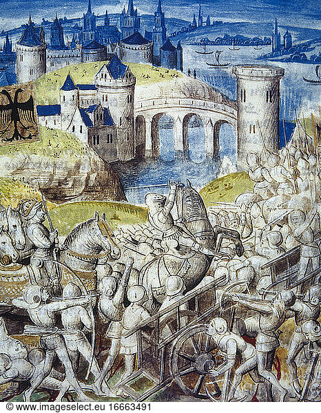 Great Roman Civil War (49-45 BC). Politico-military conflict in the Roman Republic. Battle of Pharsalus (Julius Caesar and Pompey). Miniature. Faits des Romains by Chourse  1480. Miniaturist: Master Rambures (active of 1454-1490). Conde Museum. Chantilly. France.