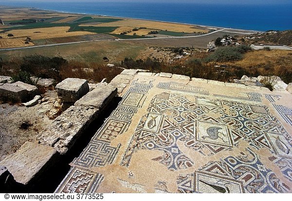 Greece, Cyprus Island,  greek part, Greco-Roman Theatre, built in the 2ndcentury BC,  at Kourion archaeological site,  detail ancient mosaics floor