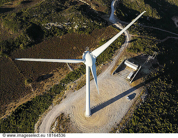 Greece  Aegean  Kos  Aerial view of hilltop wind turbine