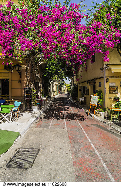 Greece  Athens  empty pavement cafe in Plaka district
