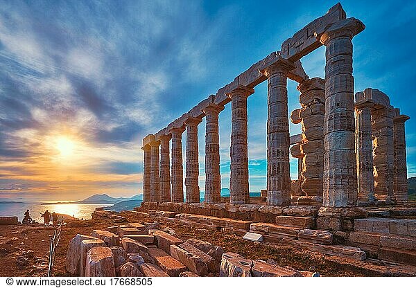 Greece Cape Sounio  Ruins of an ancient temple of Poseidon  Greek god of the sea  on sunset  Shot of temple ruins on sunset  Tourist landmark of Attica  Sounion  Greece