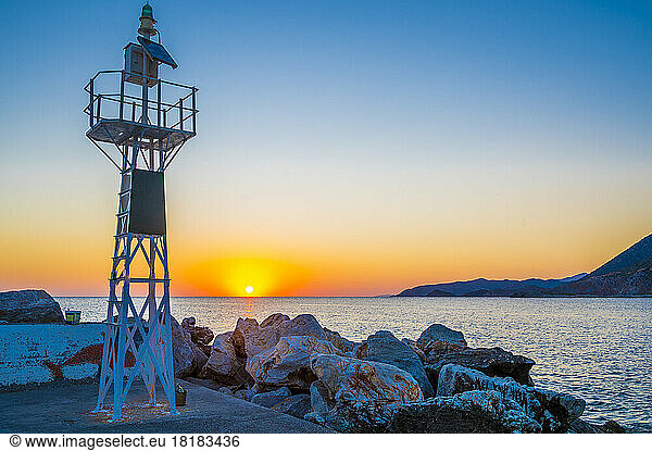 Greece  Crete  Bali  View of coastal beacon at sunrise