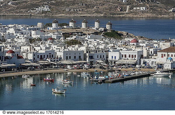 Greece  Cyclades Islands  Mykonos  Chora  Fishing boats in harbor and white houses