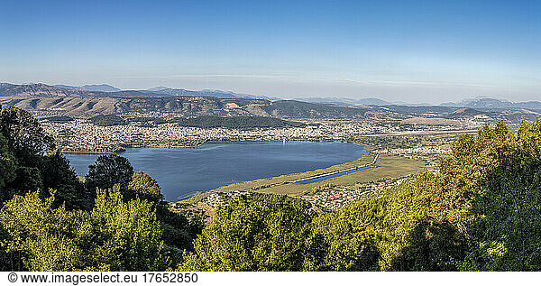 Greece  Epirus  Ioannina  Panoramic view of Lake Pamvotida and surrounding city in summer