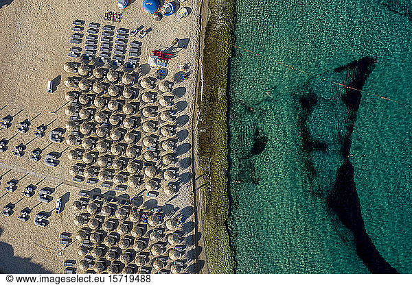 Greece  Mykonos  Drone view of Super Paradise Beach