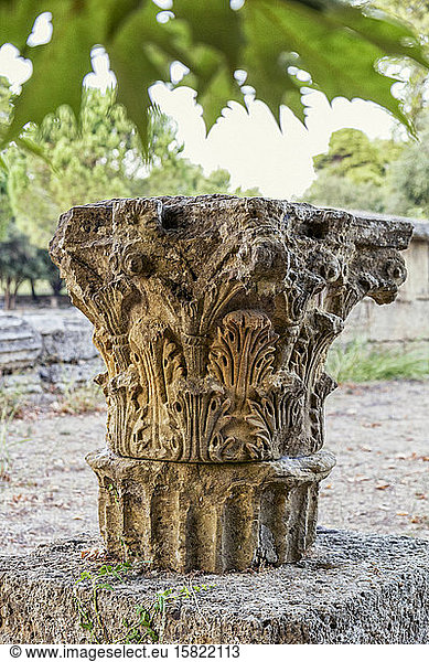 Greece  Olympia  Details of Corinthian column in ancient ruins
