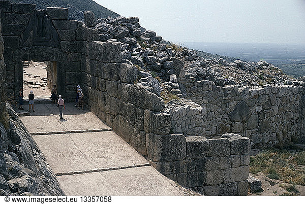GREECE Peloponese Mycenae The Lion Gate and walls of ancient ruined citadel.