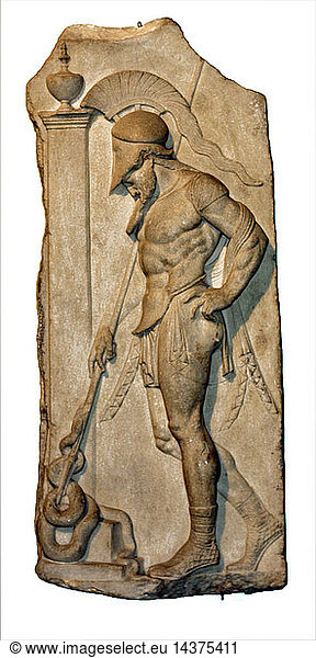 Greek warrior. Hellenistic  1st century BC From Rhodes This marble grave relief shoes a warrior dressed in a cuirass and helmet leaning on his spear in front of a funerary stele. The serpent at the base symbolises the soul of the deceased. The relief is "archaising" and imitates Greek sculpture of the mid 5th century BC.