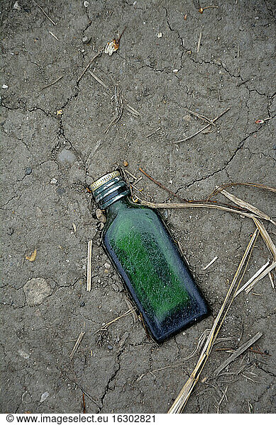 Green glass bottle trodden in soil  elevated view