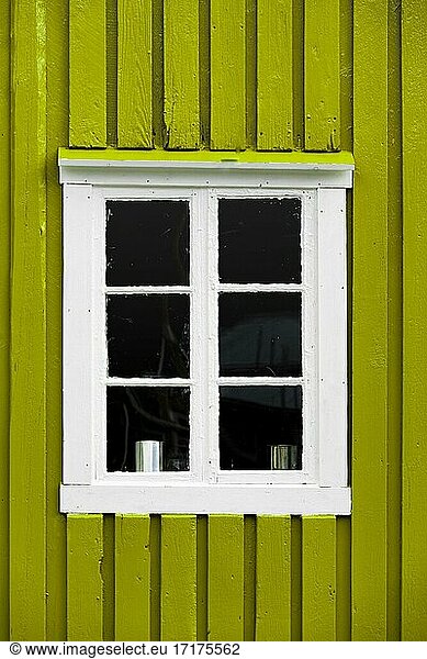 Green house wall with white window  rorbuer  typical wooden houses  Lofoten  Norway  Norway  Europe