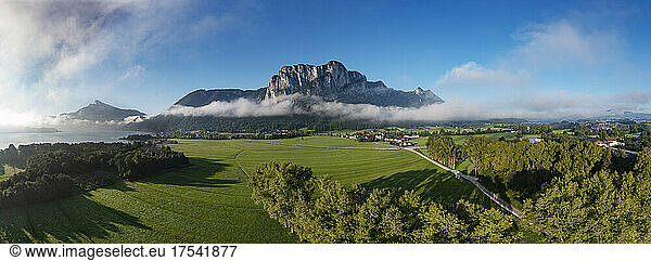 Green landscape with morning fog near Drachenwand mountains at Mondseeland in Mondsee  Salzkammergut  Upper Austria  Austria