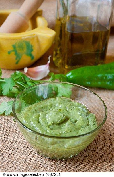 Green mojo sauce with ingredients. Canary Islands  Spain.