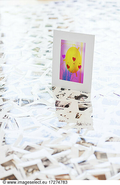 Greeting card standing on photographic slides strewn across floor