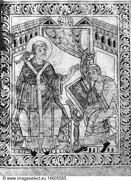 Gregor I. (Anicius Gregorius)  um 540 - 12.3.604  Papst 3.9.590 - 12.3.604  diktiert einem Schreiber  Miniatur  Codex Hartker  um 1000  Stiftsbibliothek Sankt Gallen Gregor I. (Anicius Gregorius), um 540 - 12.3.604, Papst 3.9.590 - 12.3.604, diktiert einem Schreiber, Miniatur, Codex Hartker, um 1000, Stiftsbibliothek Sankt Gallen,