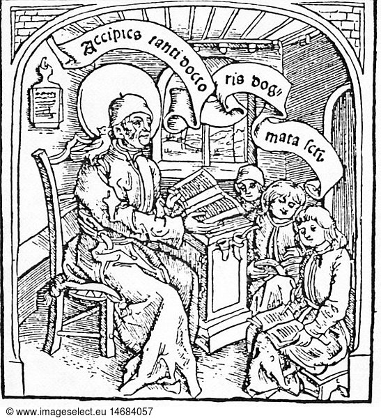 Gregor I. 'der Grosse' (Anicius Gregorius) um 540 - 12.3.604  Papst 3.9.590 - 12.3.604  Halbfigur  als Lehrer  Holzschnitt  aus: 'Exercitium puerorum grammaticale per dietas distributum'  1500