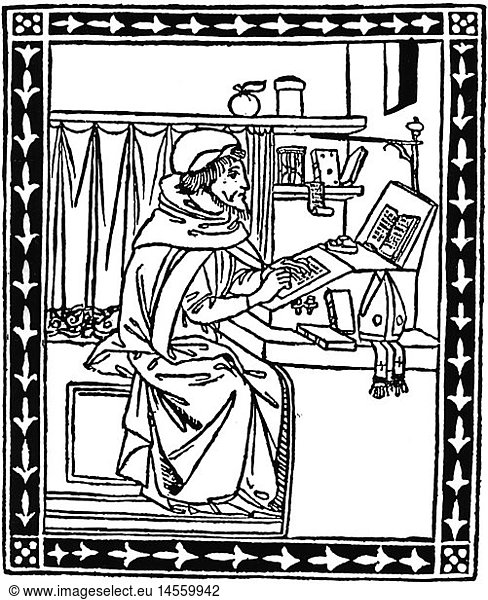 Gregor von Naizanz  um 329 - 25.1.390  griech. Geistlicher  Heiliger  Patriarch von Konstantinopel 379 - 381  am Schreibpult  Holzschnitt  um 1480
