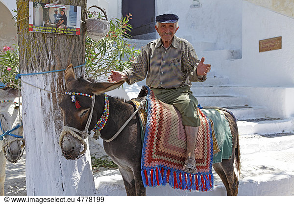 Grieche mit seinem Esel  Bergdorf Pirgos  Santorin  Ägäis  Griechenland  Europa