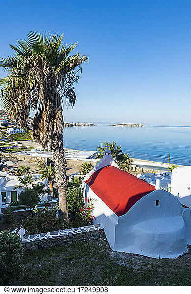 Griechenland  Südliche Ägäis  Horta  Klarer Himmel über Palmen und Häusern an der Küste