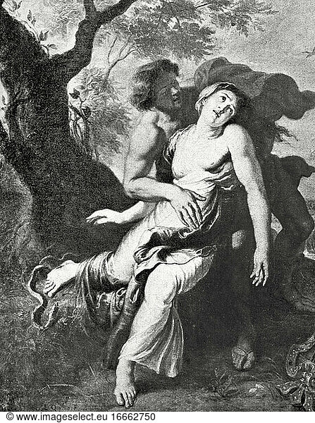 Griechische Mythologie. Die Nymphe Eurydike  Gattin des Orpheus  stirbt durch den Biss einer Viper  als sie in diese tritt. Kupferstich.