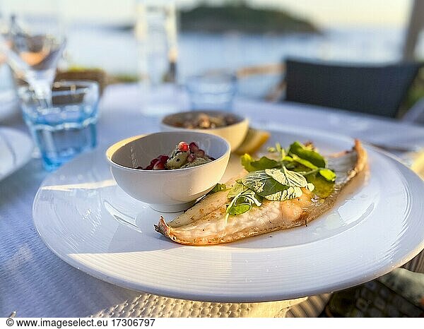 Grilled turbot fillet with side dishes  Port Andratx  Majorca  Spain  Europe