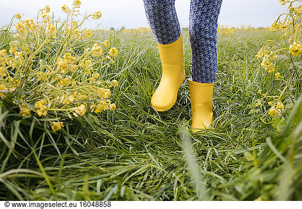 Grl's legs in yellow rubber boots on rape field