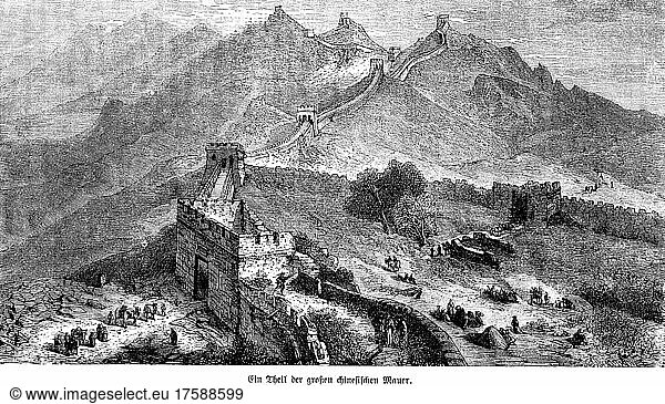Große Chinesische Mauer  Bauwerk  Weltwunder  viele Menschen  Landschaft  Gebirge  historische Illustration 1885  China  Asien