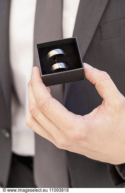 Groom holding his wedding ring