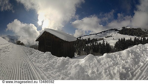 Groomed winter hiking trail  Graubuenden  Switzerland  Europe