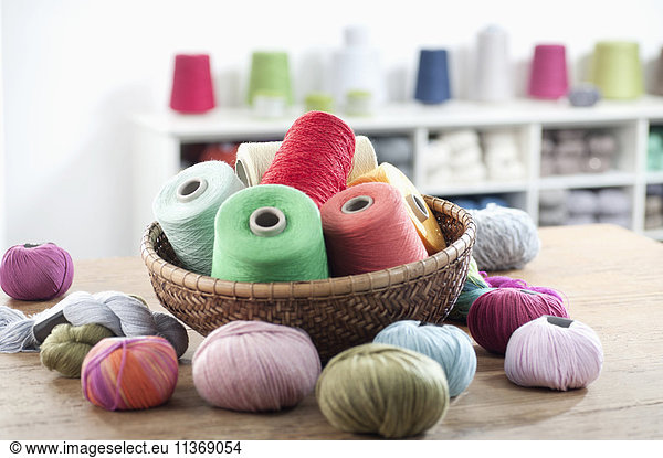 Group of multicolor reels of sewing thread