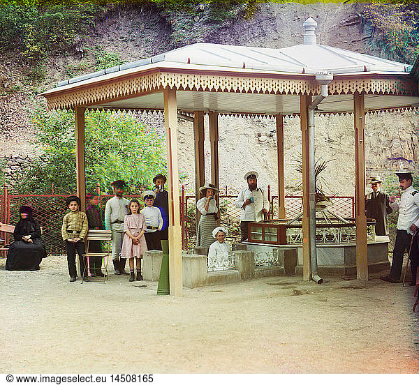 Group of People at Spa Gazebo  Some Drinking Mineral Water  Borjomi  Georgia  Russian Empire  Prokudin-Gorskii Collection  1910