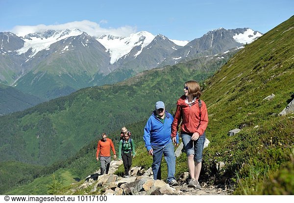 Group of people hiking  North Face Trail  Alyeska Prince Hotel  Alyeska Resort  seven glaciers  Winner Creek Valley  Turnagain Arm  Mt. Alyeska  Girdwood  Alaska  USA