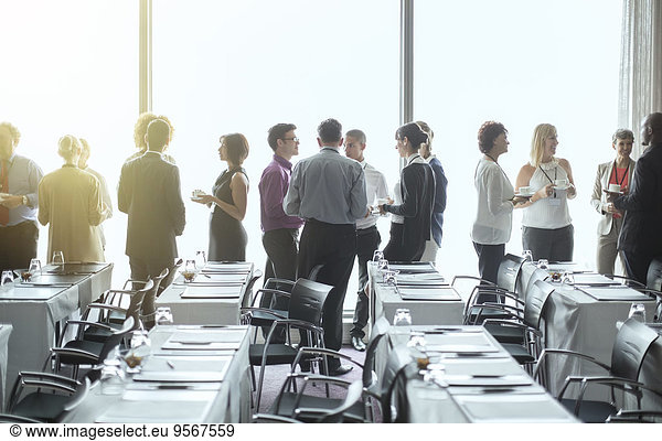 Group of people standing by windows of conference room  socializing during coffee break
