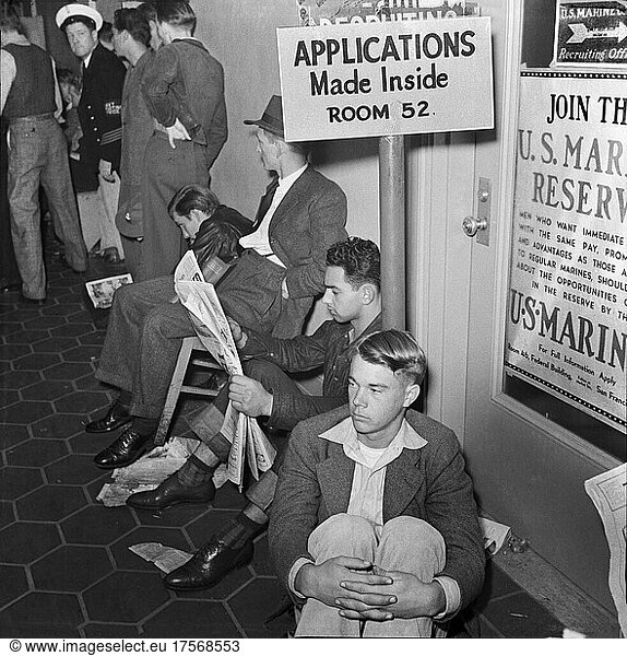 Group of Young Men on Line waiting to Enlist at U.S. Marines Recruitment Headquarters  San Francisco  California  USA  John Collier  Jr.  U.S. Office of War Information/U.S. Farm Security Administration  December 1941