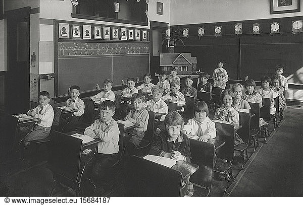 Group Portrait of Elementary School Students in Classroom  USA  1930's