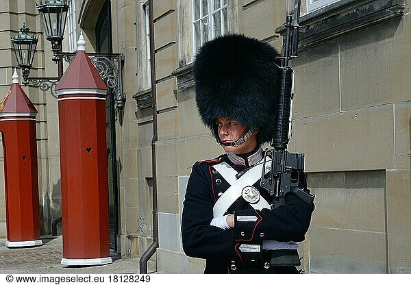 Guard at Amalienborg Castle  seat of government of the Danish Royal Family  Copenhagen  Denmark  Europe