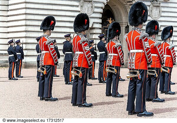 Guards of the Royal Guard with bearskin cap  Changing of the Guard  Traditional Changing of the Guard  Buckingham Palace  London  England  Great Britain
