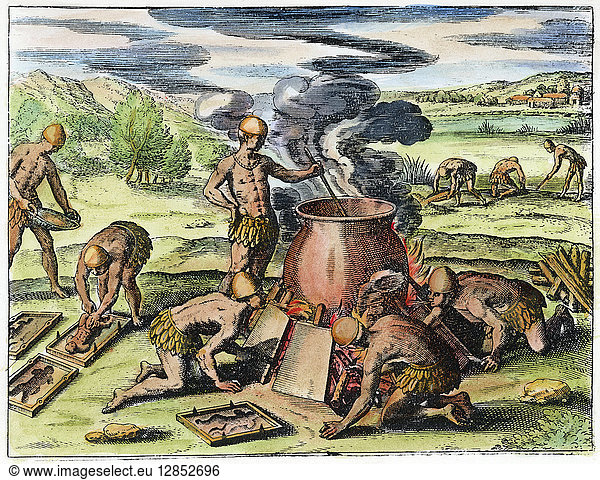 GUIANA: GOLD CASTING  1599. How the Native Americans of Guiana used to make gold castings. Copper engraving  1599  by Theodor de Bry  for Sir Walter Raleigh's 'The Discoverie of the Large Rich and Bewtiful Empire of Guiana.'