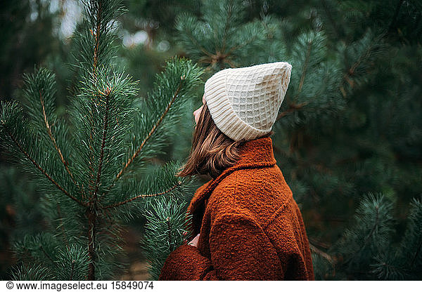 Hübsche Frau in warmer Kleidung steht an Kiefern im Wald