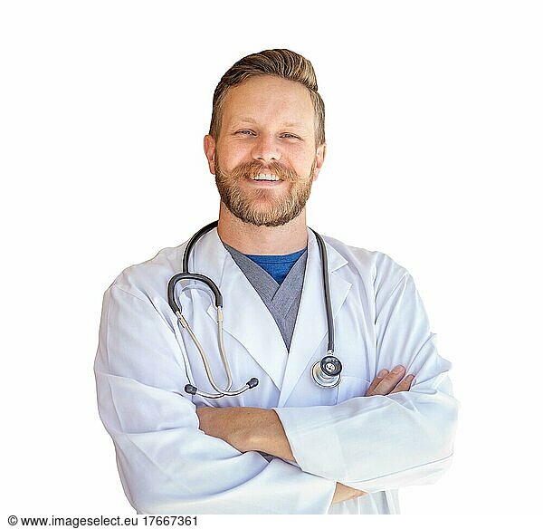 Hübscher junger erwachsener Arzt mit Bart vor weißem Hintergrund