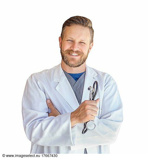 Hübscher junger erwachsener Arzt mit Bart vor weißem Hintergrund