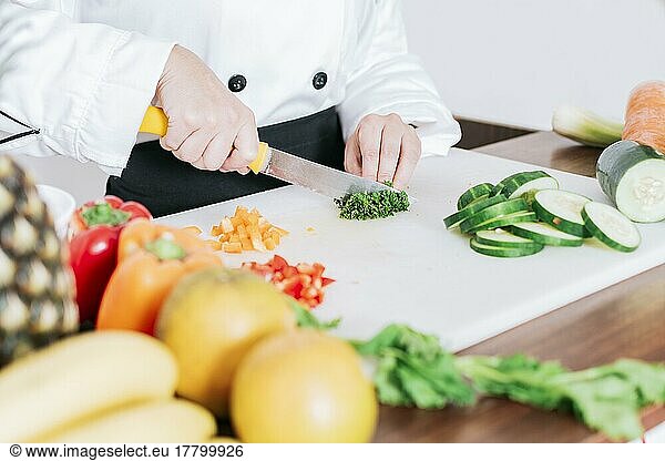 Hände einer Köchin beim Zubereiten und schneidet Gemüse  Nahaufnahme einer Köchin beim schneidet Gemüse  Hände einer Köchin beim schneidet Gemüse