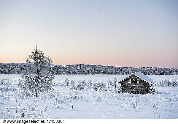 Hütte in einer kalten Winterlandschaft in Lappland innerhalb des Polarkreises in Finnland