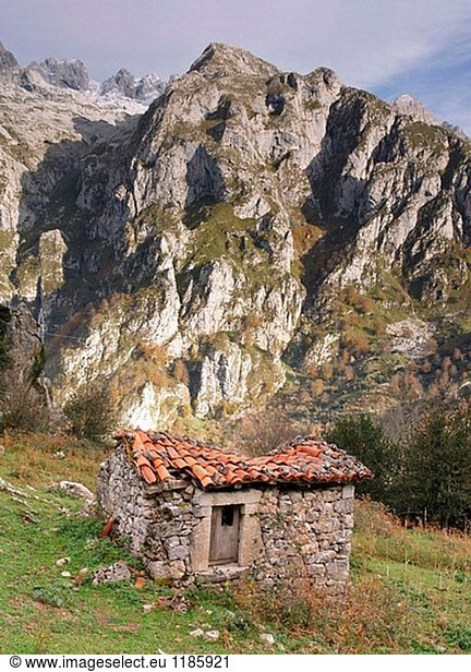 Hütte in Schafstall von Les Torgues  im Senda del Arcediano  Parque Nacional Picos de Europa  Amieva  Asturien. Spanien.