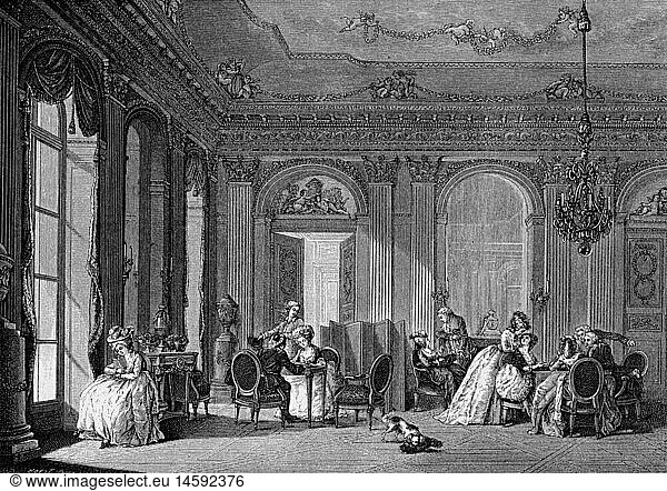 habitation  parlour in the time of King Louis XVI  copper engraving after Lawrence  2nd half 18th century  Louis Seize  room  palace  castle  Ancien Regime  nobility  people  interior  architecture  France  historic  historical