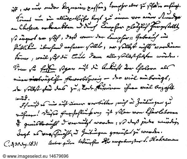 Hahnemann  Christian Friedrich Samuel  10.4.1755 - 2.7.1843  deut. Mediziner / Arzt  Ende des Briefes Ã¼ber Campher als Mittel gegen Cholera  30.12.1831