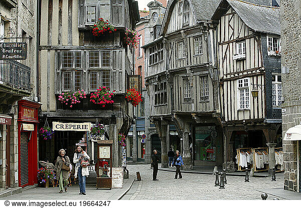 Half timbered houses in the old town of Dinan  Brittany  France.