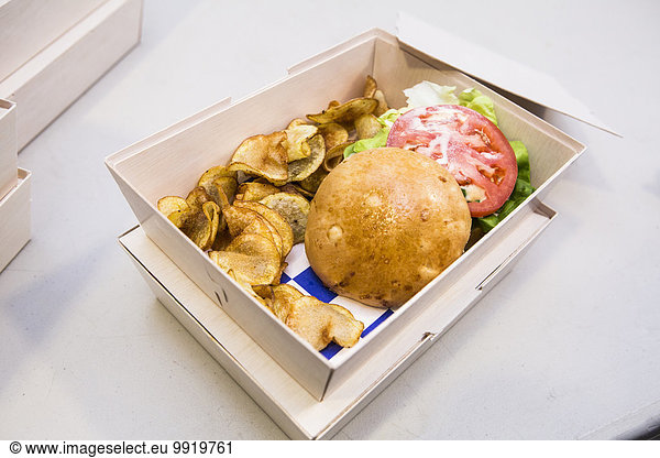 Hamburger and Potato Chips in Take-out Box  Studio Shot