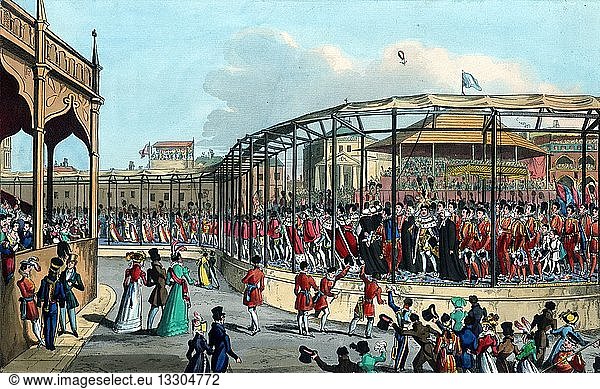 Hand-coloured aquatint etching depicting the Coronation procession of His Majesty George IV